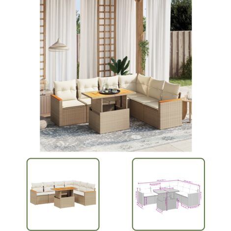 The Living Store 7-tlg. Garten-Sofagarnitur mit Kissen Beige Poly Rattan - Gartenmöbel - Sofasatz - PE-Rattan Möbel - Outdoor Möbel - Lounge Set