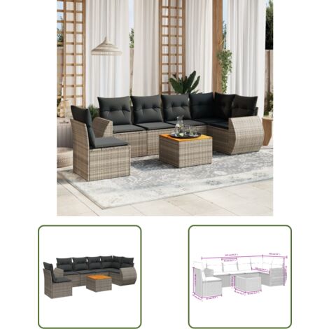 The Living Store 7-tlg. Garten-Sofagarnitur mit Kissen Grau Poly Rattan - Gartenmöbel - Esstischgarnituren - Outdoor Möbel - Lounge Set - Rattan Gartenmöbel