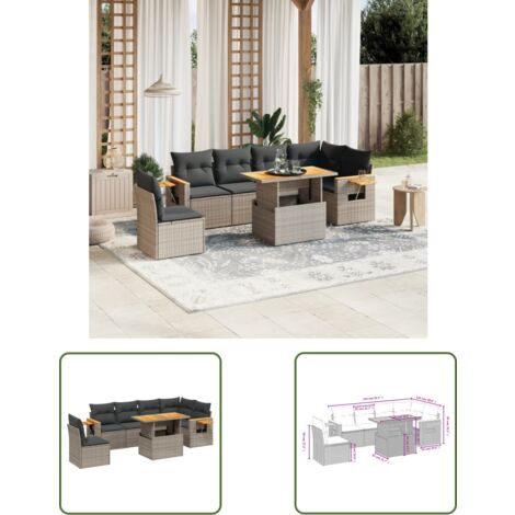 The Living Store 7-tlg. Garten-Sofagarnitur mit Kissen Grau Poly Rattan - Gartenmöbel - Esszimmerset - Lounge Set - Outdoor Möbel - Rattan Gartenmöbel