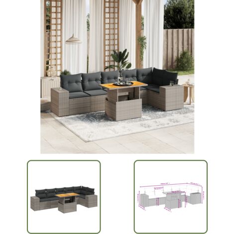 The Living Store 7-tlg. Garten-Sofagarnitur mit Kissen Grau Poly Rattan - Gartenmöbel - Esszimmerset - Outdoor Möbel - Lounge Set - Rattan Gartenmöbel