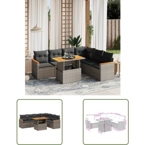 The Living Store 7-tlg. Garten-Sofagarnitur mit Kissen Grau Poly Rattan - Gartenmöbel - Esszimmerset - Outdoor Möbel - Lounge Set - Rattan Gartenmöbel