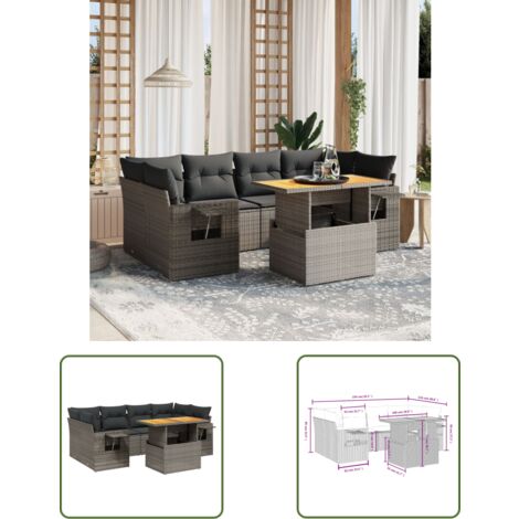 The Living Store 7-tlg. Garten-Sofagarnitur mit Kissen Grau Poly Rattan - Gartenmöbel - Outdoor Möbel - Rattan Gartenset - Lounge Set - Sofasitzgruppe