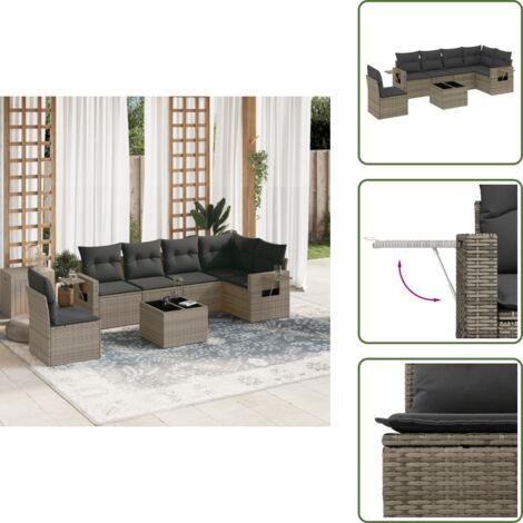 The Living Store 7-tlg. Garten-Sofagarnitur mit Kissen Grau Poly Rattan - Gartenmöbel Set - Rattan Möbel - Outdoor Lounge - Esszimmergarnitur - Balkonmöbel