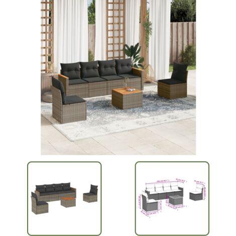 The Living Store 7-tlg. Garten-Sofagarnitur mit Kissen Grau Poly Rattan - Gartenmöbel - Sofa Set - Rattan Möbel - Outdoor Sofa - Esstisch