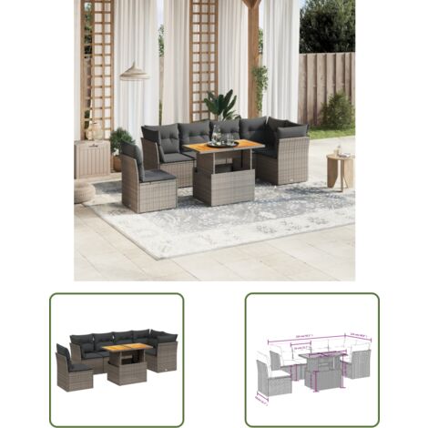 The Living Store 7-tlg. Garten-Sofagarnitur mit Kissen Grau Poly Rattan - Gartensorte - Gartenmöbelset - Esszimmergarnitur - Lounge Möbel - Outdoor Sofa