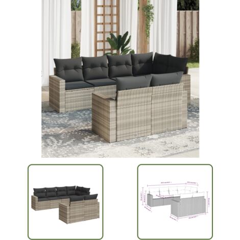 The Living Store 7-tlg. Garten-Sofagarnitur mit Kissen Hellgrau Poly Rattan - Gartensofas - Outdoor Möbel - Lounge Set - Gartenlounge - Rattan Sofa