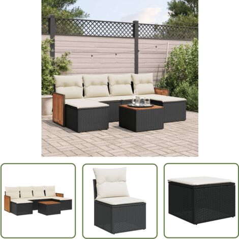 The Living Store 7-tlg. Garten-Sofagarnitur mit Kissen Schwarz Poly Rattan - Gartenmöbel Set - Rattan Möbel - Outdoor Lounge - Esstisch - Sofasitzgruppe