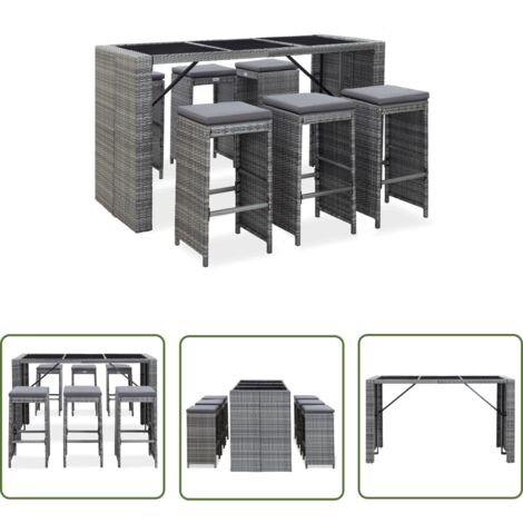 The Living Store 7-tlg. Gartenbar-Set mit Auflagen Poly Rattan Grau - Gartenbar-Set - Outdoor Möbel - Rattan Gartenmöbel - Gartentisch - Barhocker