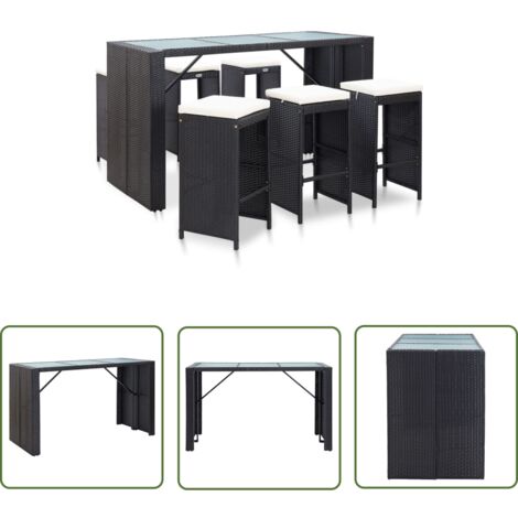 The Living Store 7-tlg. Gartenbar-Set mit Auflagen Poly Rattan Schwarz - Gartensets - Gartenbar - Barhocker - Outdoor Möbel - Rattan Gartenmöbel
