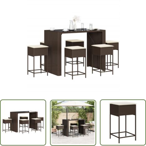 The Living Store 7-tlg. Gartenbar-Set mit Kissen Braun Poly Rattan - Gartensets - Gartenmöbel - Outdoor-Möbel - Esstisch - Barhocker