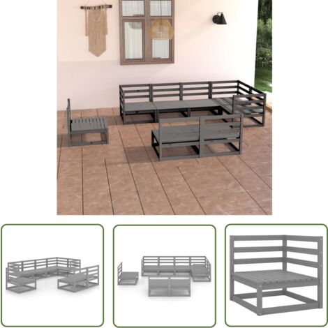 The Living Store 8-tlg. Garten-Lounge-Set Grau Massivholz Kiefer - Gartenmöbel - Loungesessel - Gartenloungeset - Rattan Möbel - Holz Gartenmöbel