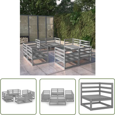 The Living Store 8-tlg. Garten-Lounge-Set Grau Massivholz Kiefer - Gartensitzgruppe - Loungesessel - Gartenmöbel Set - Rattan Möbel - Holz Gartenmöbel