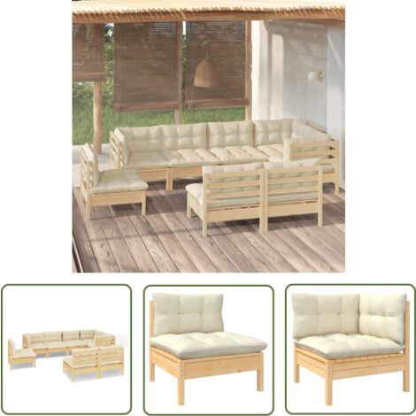 The Living Store 8-tlg. Garten-Lounge-Set mit Creme Kissen Massivholz Kiefer - Garten Lounge Set - Esszimmergarnitur - Outdoor Möbel - Holz Gartenmöbel - Rattan Gartenmöbel