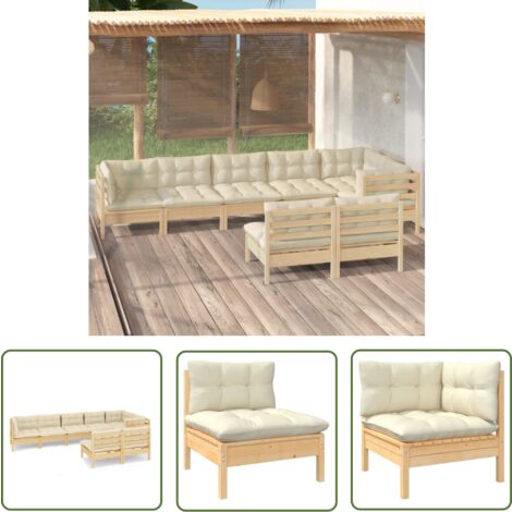 The Living Store 8-tlg. Garten-Lounge-Set mit Creme Kissen Massivholz Kiefer - Garten Lounge Set - Kiefernholzmöbel - Outdoor Möbel - Gartenzubehör - Loungemöbel