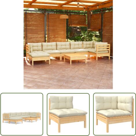 The Living Store 8-tlg. Garten-Lounge-Set mit Creme Kissen Massivholz Kiefer - Gartengeräte - Lounge Möbel - Gartenmöbel Set - Kiefernholzmöbel - Outdoor Furniture