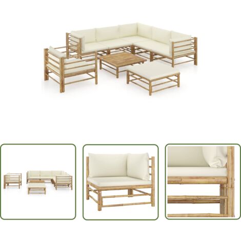 The Living Store 8-tlg. Garten-Lounge-Set mit Cremeweißen Kissen Bambus - Bambus Lounge Set - Gartenmöbel - Loungeset - Esstisch - Gartentisch