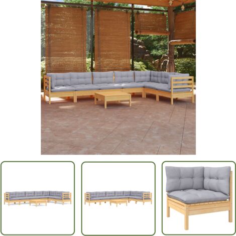 The Living Store 8-tlg. Garten-Lounge-Set mit Grauen Kissen Kiefer Massivholz - Gartenmöbel - Lounge Set - Garten-Sofa - Outdoor Möbel - Rattan Gartenmöbel