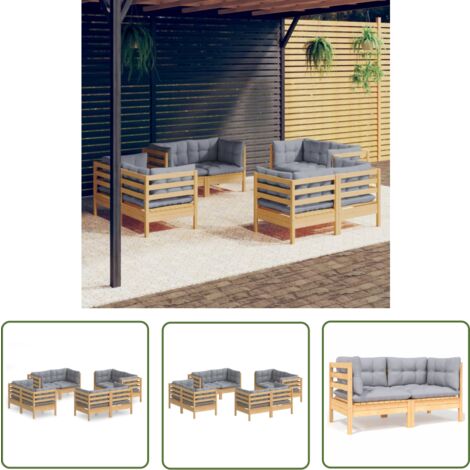The Living Store 8-tlg. Garten-Lounge-Set mit Grauen Kissen Kiefernholz - Gartenmöbel - Loungesessel - Gartenloungeset - Outdoor Möbel - Rattan Sessel