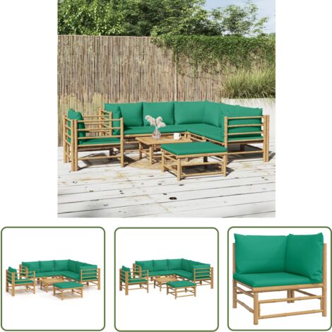 The Living Store 8-tlg. Garten-Lounge-Set mit Grünen Kissen Bambus - Bambus Möbel - Gartenloungeset - Outdoor Möbel - Gartenmöbel - Esstisch