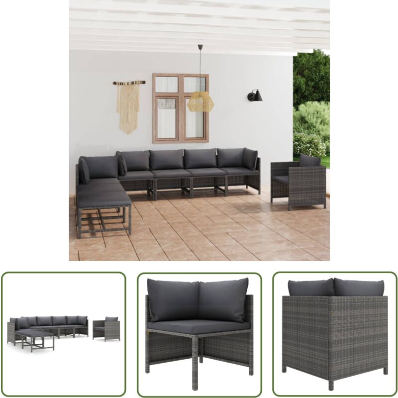 The Living Store 8-tlg. Garten-lounge-set Mit Kissen Poly Rattan Grau - Gartenmöbel - Loungemöbel - Rattanmöbel - Outdoormöbel - Esszimmergarnitur - The Living