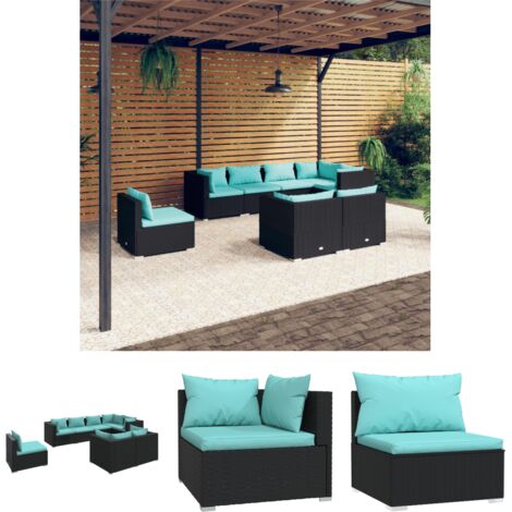 The Living Store 8-tlg. Garten-Lounge-Set mit Kissen Poly Rattan Schwarz - Gartenmöbel-Sets