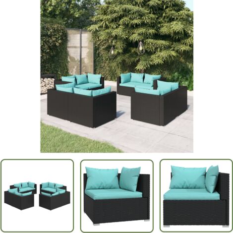 The Living Store 8-tlg. Garten-Lounge-Set mit Kissen Poly Rattan Schwarz - Gartensofas - Lounge Set - Outdoor Möbel - Gartenmöbel - Rattan Gartenmöbel