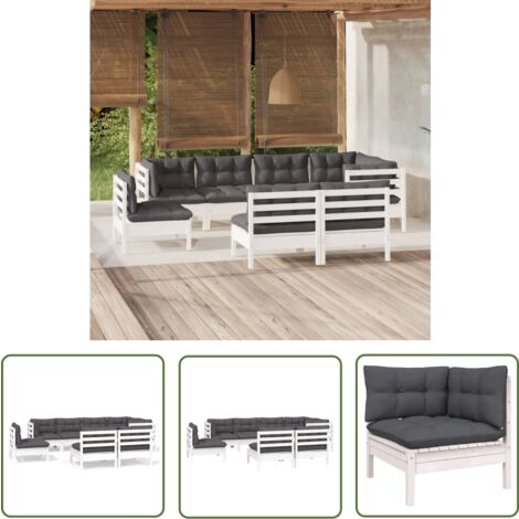 The Living Store 8-tlg. Garten-Lounge-Set mit Kissen Weiß Kiefer Massivholz - Garten Lounge Set - Kiefernholzmöbel - Outdoor Möbel - Gartengeräte - Loungemöbel