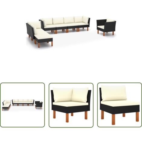 The Living Store 8-tlg. Garten-Lounge-Set Poly Rattan Eukalyptusholz Schwarz - Gartensitzgruppe - Lounge-Set - Gartenmöbel - Outdoor-Möbel - Rattanmöbel