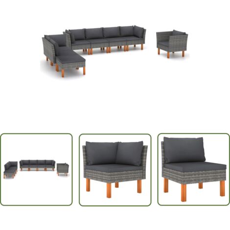 The Living Store 8-tlg. Garten-Lounge-Set Poly Rattan und Eukalyptusholz Grau - Gartensitzgruppe - Lounge-Set - Gartenmöbel - Outdoor-Möbel - Rattanmöbel