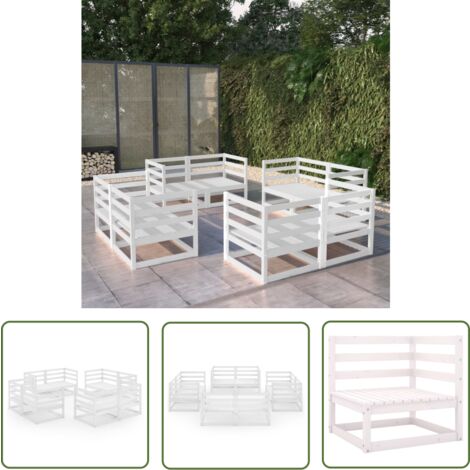 The Living Store 8-tlg. Garten-Lounge-Set Weiß Massivholz Kiefer - Gartenmöbel - Loungesessel - Gartenloungeset - Rattan Möbel - Holz Gartenmöbel