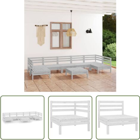 The Living Store 8-tlg. Garten-Lounge-Set Weiß Massivholz Kiefer - Gartenmöbel - Loungesessel - Gartenloungeset - Rattan Möbel - Kiefernholzmöbel