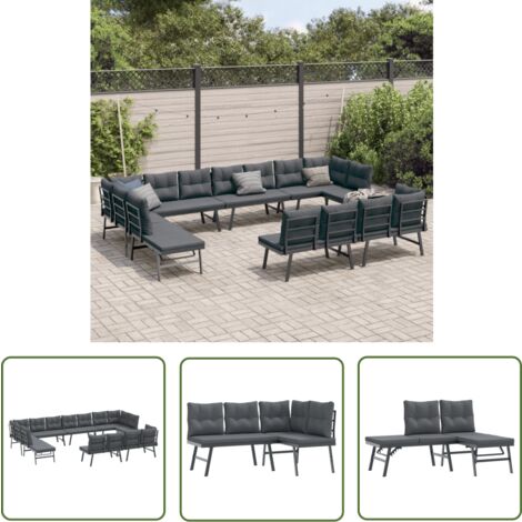 The Living Store 8-tlg. Garten-Sitzgruppe mit Kissen Schwarz Stahl - Gartenzubehör - Gartenmöbel - Gartenbank - Balkonmöbeln - Outdoor Möbel