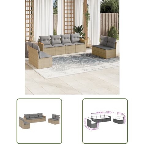 The Living Store 8-tlg. Garten-Sofagarnitur mit Kissen Beige Poly Rattan - Gartenmöbel - Outdoor Möbel - Rattan Sofa - Lounge Set - Gartenlounge
