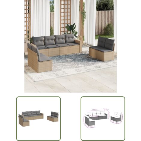 The Living Store 8-tlg. Garten-Sofagarnitur mit Kissen Beige Poly Rattan - Gartensorte - Gartenmöbel - Polyethylen Möbel - Outdoor Lounge Set - Rattan Gartenset