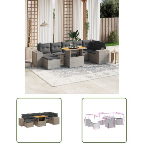 The Living Store 8-tlg. Garten-Sofagarnitur mit Kissen Grau Poly Rattan - Gartenmöbel - Gartensorte - Lounge Set - Outdoor Möbel - Rattan Gartenmöbel
