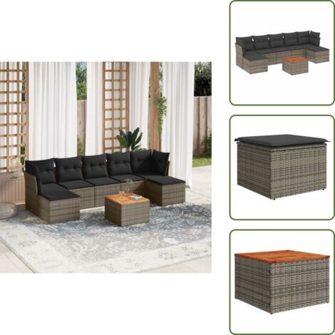 The Living Store 8-tlg. Garten-Sofagarnitur mit Kissen Grau Poly Rattan - Gartenmöbel - Outdoor Möbel - Rattan Gartenset - Lounge Set - Esstisch