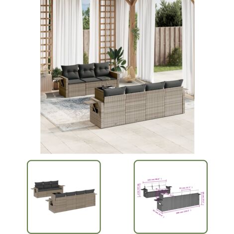 The Living Store 8-tlg. Garten-Sofagarnitur mit Kissen Grau Poly Rattan - Gartenmöbel - PE-Rattan Möbel - Outdoor Lounge Set - Sofasitzgruppe - Balkonmöbel