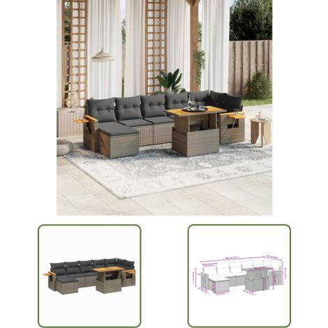 The Living Store 8-tlg. Garten-Sofagarnitur mit Kissen Grau Poly Rattan - Gartenmöbel Set - PE-Rattan Möbel - Outdoor Lounge - Garten Sofa - Balkon Möbel