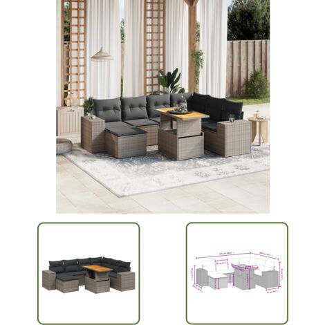 The Living Store 8-tlg. Garten-Sofagarnitur mit Kissen Grau Poly Rattan - Gartenmöbel Set - PE-Rattan Möbel - Outdoor Lounge - Gartenlounge - Terrassenmöbel
