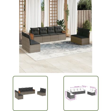 The Living Store 8-tlg. Garten-Sofagarnitur mit Kissen Grau Poly Rattan - Gartensofas - Outdoor Möbel - Gartenmöbel Set - Lounge Set - Rattan Gartenmöbel