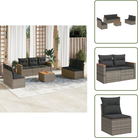The Living Store 8-tlg. Garten-Sofagarnitur mit Kissen Grau Poly Rattan - Gartensorte - Gartenmöbelset - Outdoor-Lounge - Lounge Set - Rattan Gartenmöbel