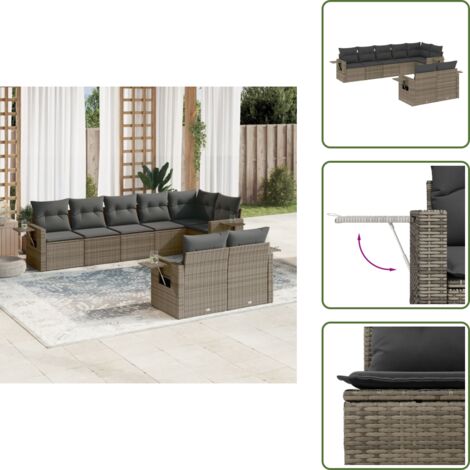 The Living Store 8-tlg. Garten-Sofagarnitur mit Kissen Grau Poly Rattan - Gartensorte - Gartenmöbelset - PE-Rattan Möbel - Outdoor Lounge Set - Balkonmöbel