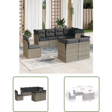 The Living Store 8-tlg. Garten-Sofagarnitur mit Kissen Grau Poly Rattan - Gartensortiment - Gartenmöbel - Lounge Set - Rattan Möbel - Gartenlounge