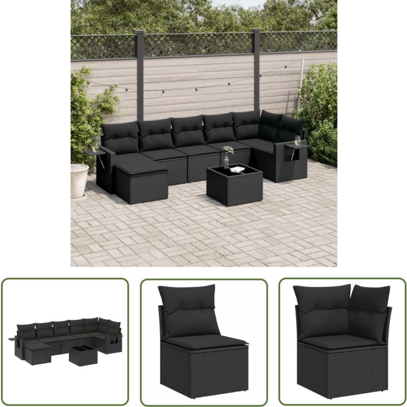 Vidaxl 8-tlg. Garten-sofagarnitur Mit Kissen Schwarz Poly Rattan - Gartenmöbel Set - Esszimmergarnitur Outdoor - Lounge Möbel - Rattan Gartenset -