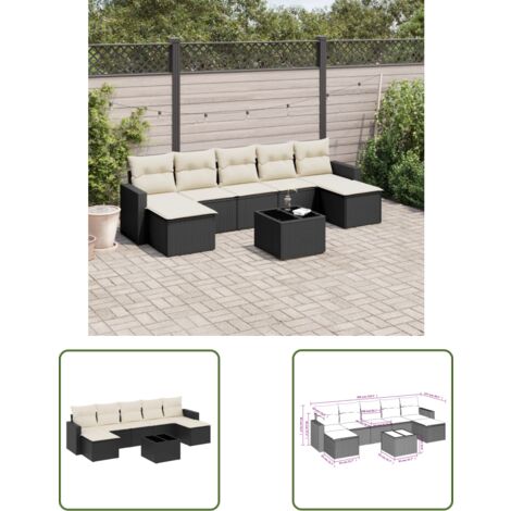 The Living Store 8-tlg. Garten-Sofagarnitur mit Kissen Schwarz Poly Rattan - Gartenmöbel - Esstischset - Rattan Möbel - Outdoor Sofa - Lounge Set