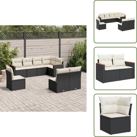The Living Store 8-tlg. Garten-Sofagarnitur mit Kissen Schwarz Poly Rattan - Gartenmöbel - Outdoor-Lounge - Rattan Gartenset - Sofasatz - Balkonmöbel