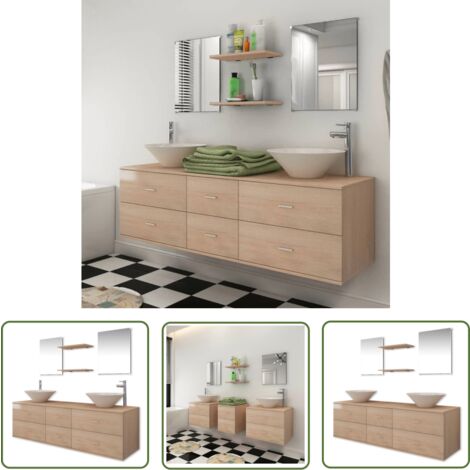 The Living Store 9-tlg. Badmöbel-Set mit Waschbecken und Wasserhahn Beige - Badmöbel - Badezimmermöbel - Badmöbel-Set - Waschtisch - Spiegelschrank