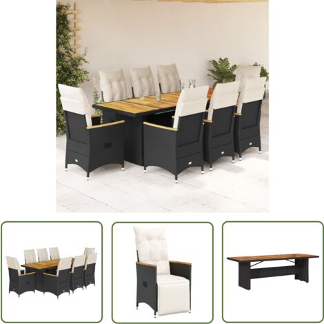 The Living Store 9-tlg. Garten-Bistro-Set mit Kissen Schwarz Poly Rattan - Gartenmöbel - Bistroset - Esstisch - Lounge Sessel - Outdoor Möbel