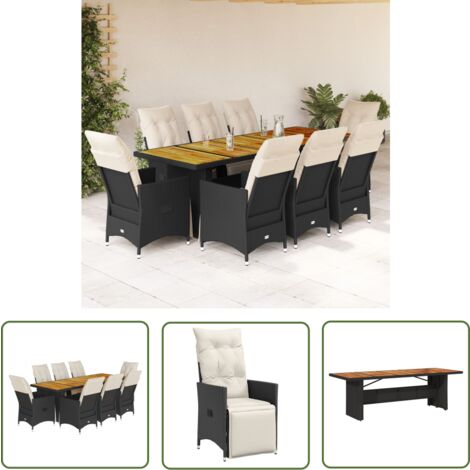 The Living Store 9-tlg. Garten-Bistro-Set mit Kissen Schwarz Poly Rattan - Gartenmöbel - Bistroset - Esstisch - Lounge Sessel - Outdoor Möbel