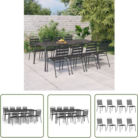 The Living Store 9-tlg. Garten-Essgruppe Anthrazit Stahl - Gartenmöbel - Essgruppe - Gartentisch - Gartenstühle - Outdoor Möbel